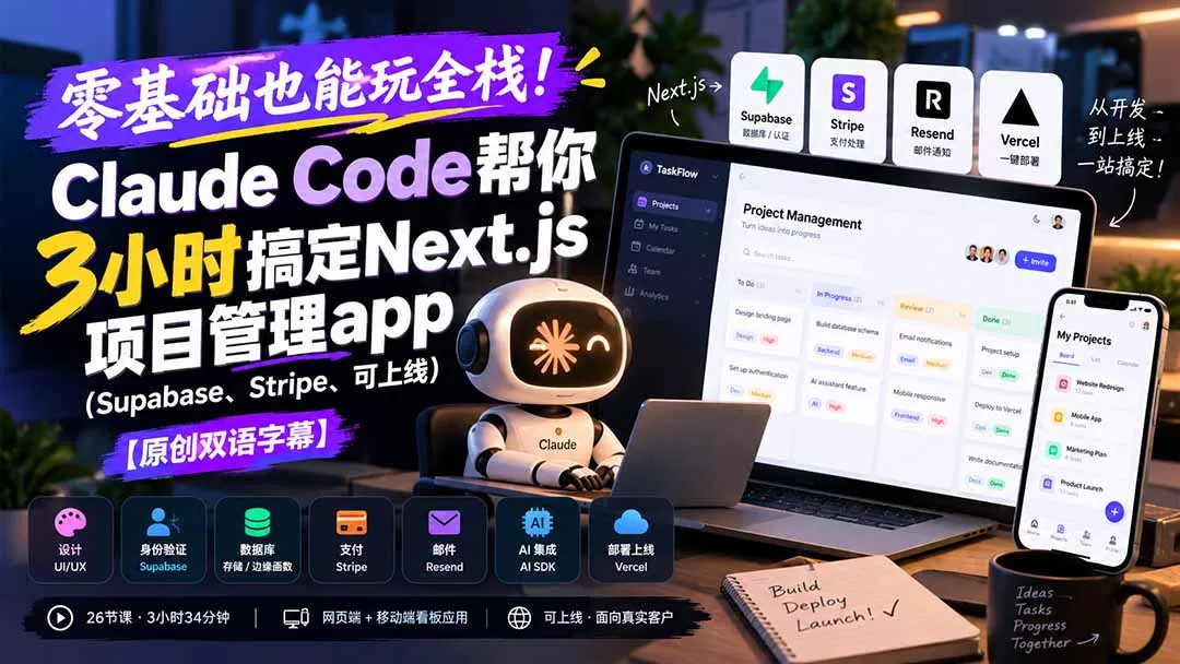 零基础也能玩全栈！Claude Code帮你3小时搞定Next.js项目管理app(Supabase、Stripe、可上线 - 来及网络