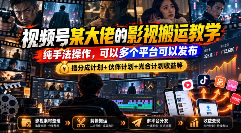 视频号某大佬的影视搬运教学，纯手法操作，可以多个平台可以发布，撸分成计划+伙伴计划+光合计划收益等 - 来及网络