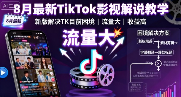 8月最新TikTok影视解说教学，新版解决TK目前困境，流量大，收益高 - 来及网络