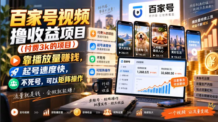 百家号视频撸收益项目(付费3k的项目)，靠播放量賺钱，起号速度快，不死号，可以矩阵操作 - 来及网络