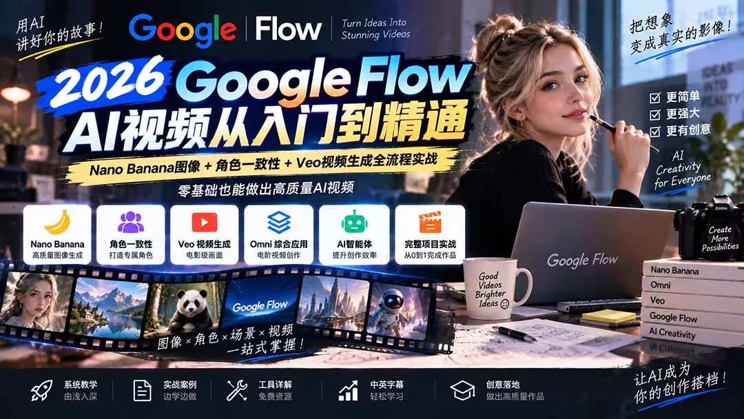 【无水印】Google Flow AI视频从入门到精通：Nano Banana图像+角色一致性+Veo视频生成全流程实战-精翻中英字幕 - 来及网络