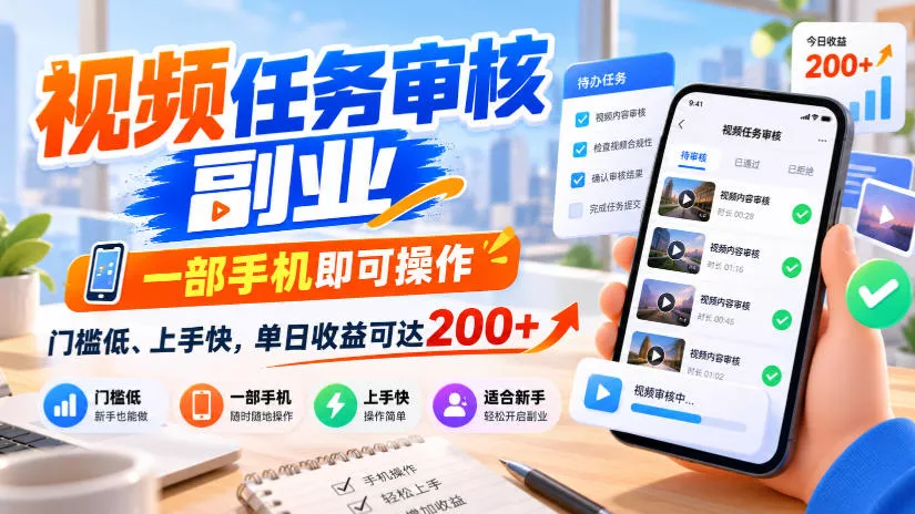 视频任务审核副业，一部手机即可操作，门槛低、上手快，单日收益可达200+【揭秘】 - 来及网络