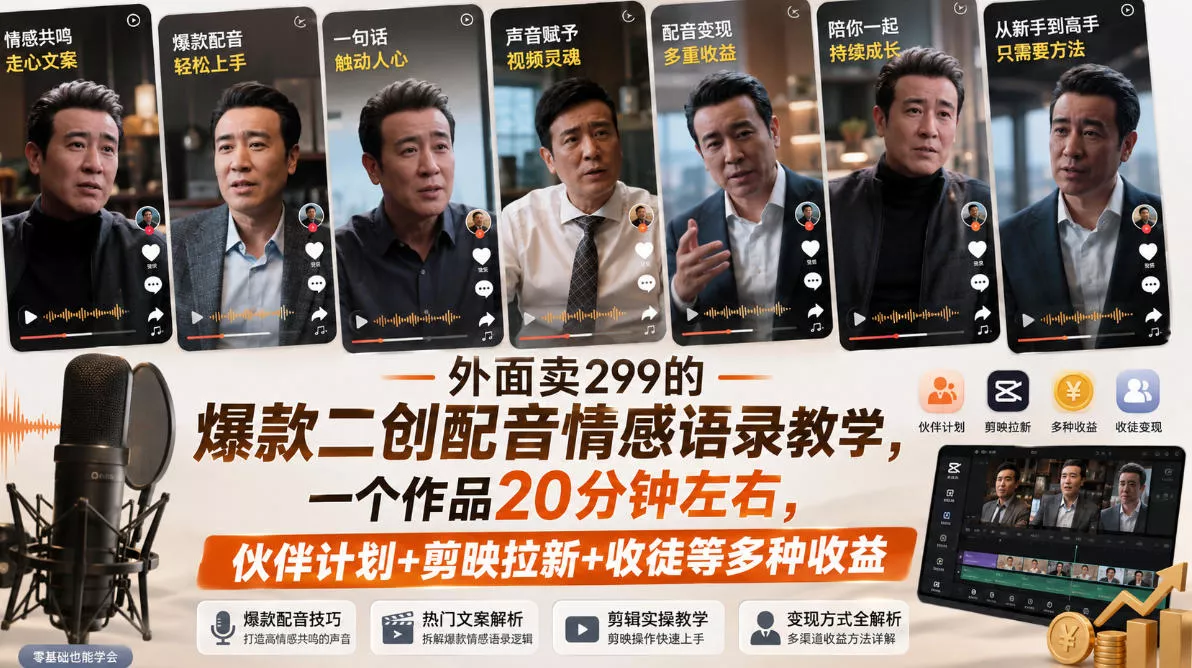 外面卖299的爆款二创配音情感语录教学，一个作品20分钟左右，伙伴计划+剪映拉新+收徒等多种收益 - 来及网络