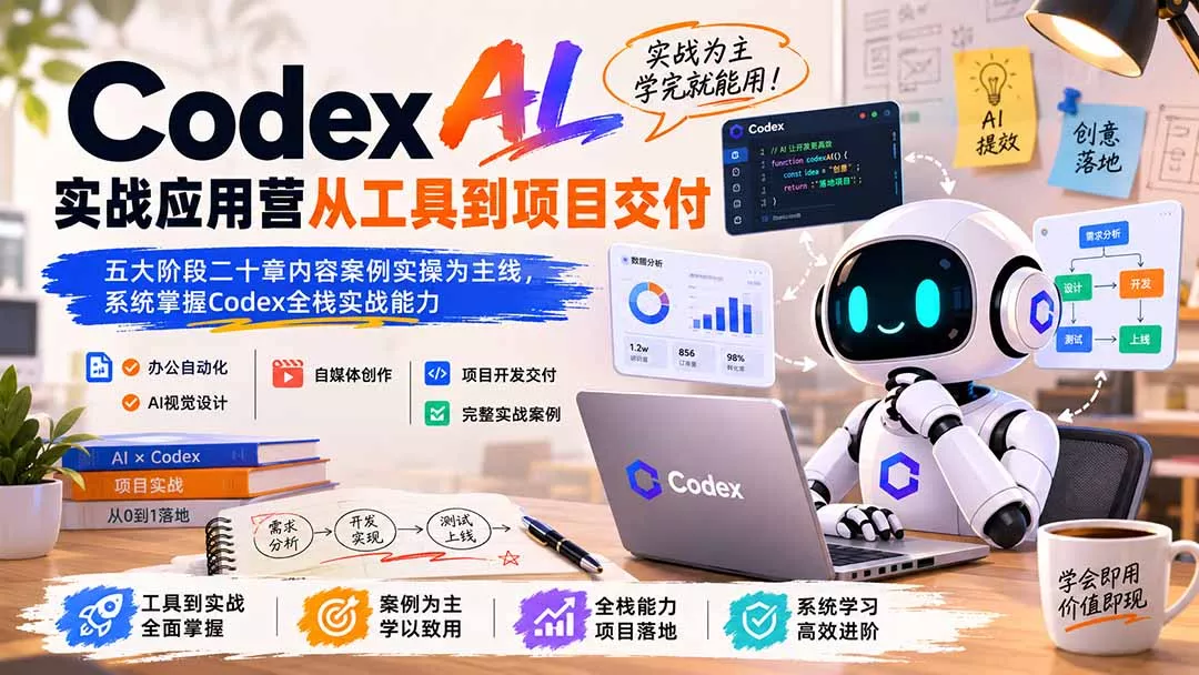 Codex AI实战应用营从工具到项目交付；五大阶段二十章内容案例实操为主线，系统掌握Codex全栈实战能力 - 来及网络