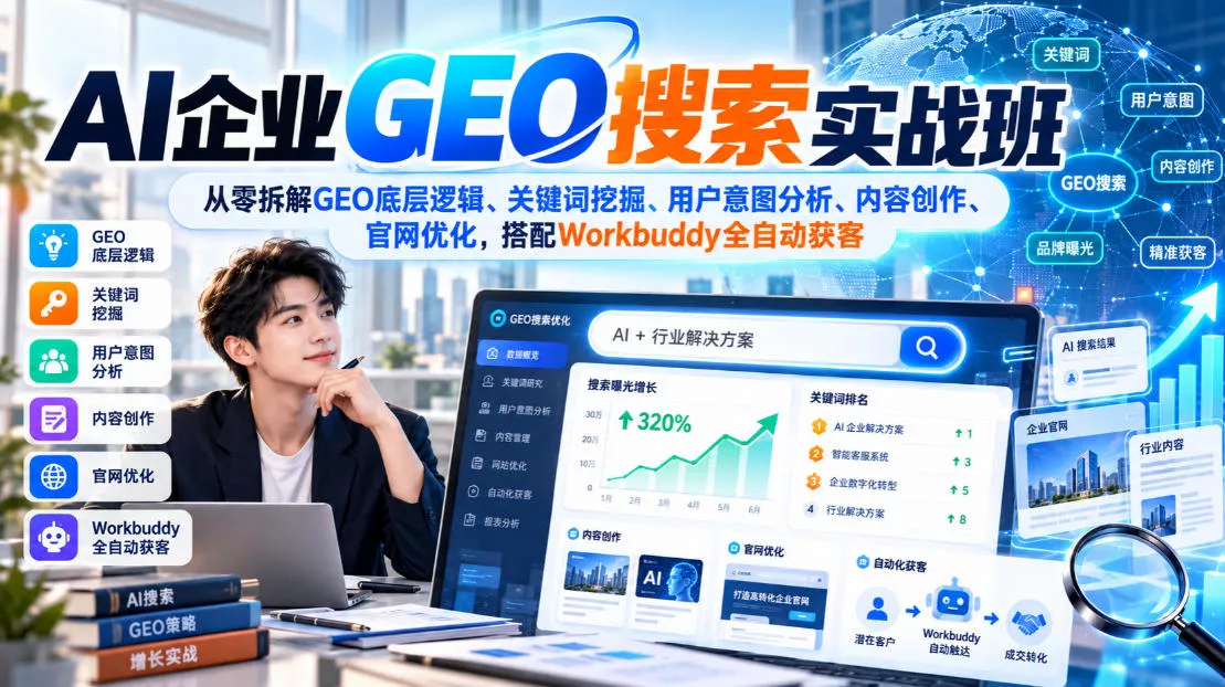 AI企业GEO搜索实战班，从零拆解GEO底层逻辑、关键词挖掘、用户意图分析、内容创作、官网优化，搭配Workbuddy全自动获客 - 来及网络