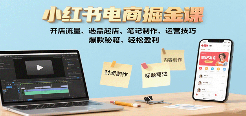 小红书电商掘金课：开店流量、选品起店、笔记制作、运营技巧，爆款秘籍，轻松盈利 - 来及网络