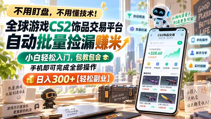 全球游戏CS2饰品交易平台自动批量捡漏赚米，小白轻松入门，包教包会，手机即可完成全部操作，日入300+【轻松副业】 - 来及网络