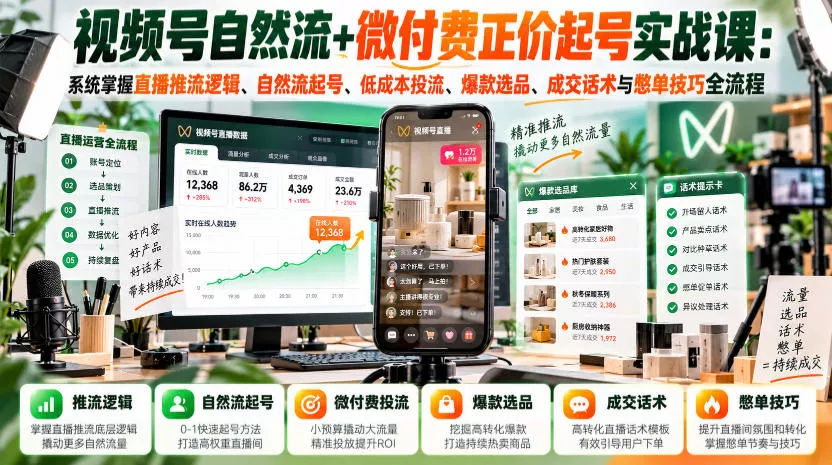 视频号自然流+微付费正价起号实战课：系统掌握直播推流逻辑、自然流起号、低成本投流、爆款选品、成交话术与憋单技巧全流程 - 来及网络