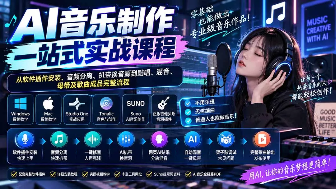 AI音乐制作一站式实战课程：从软件插件安装、音频分离、扒带换音源到贴唱、混音、母带及歌曲成品完整流程 - 来及网络