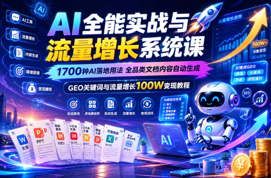 AI全能实战与流量增长系统课，1700种AI落地用法，全品类文档内容自动生成，GEO关键词与流量增长100W变现教程 - 来及网络