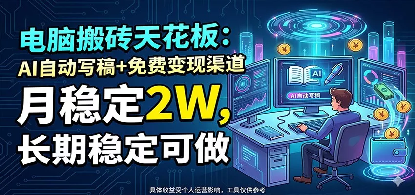 电脑搬砖天花板：AI自动写稿+免费变现渠道，月稳定2W，长期稳定可做 - 来及网络