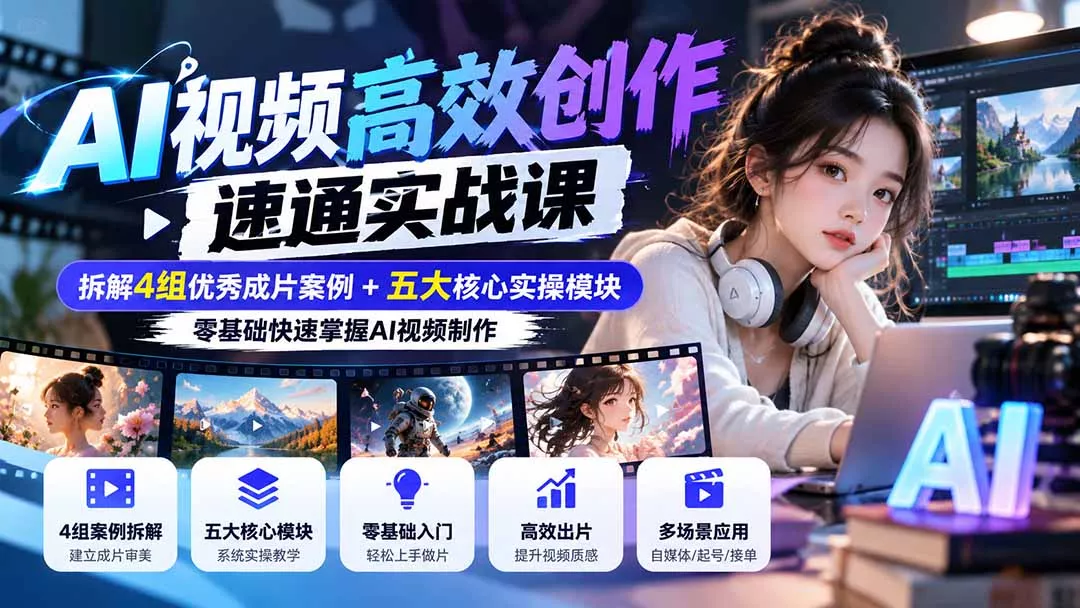 【无水印】AI视频高效创作速通实战课：拆解4组优秀成片案例+五大核心实操模块，零基础快速掌握AI视频制作 - 来及网络