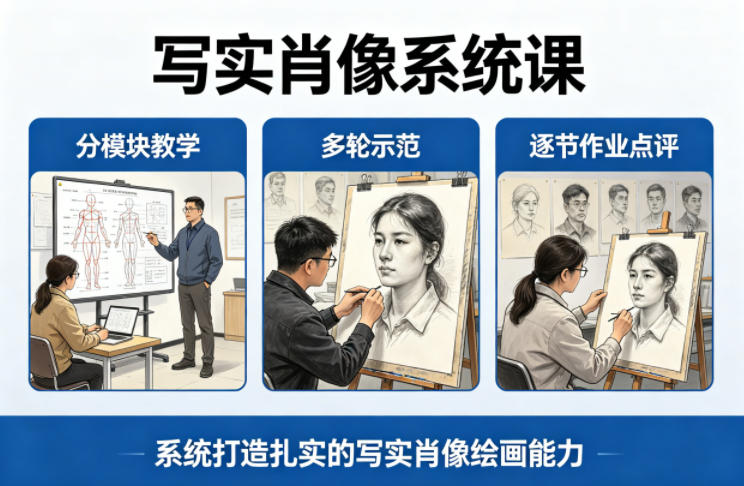 写实肖像系统课，全程分模块教学+多轮示范+逐节作业点评，系统打造扎实的写实肖像绘画能力 - 来及网络