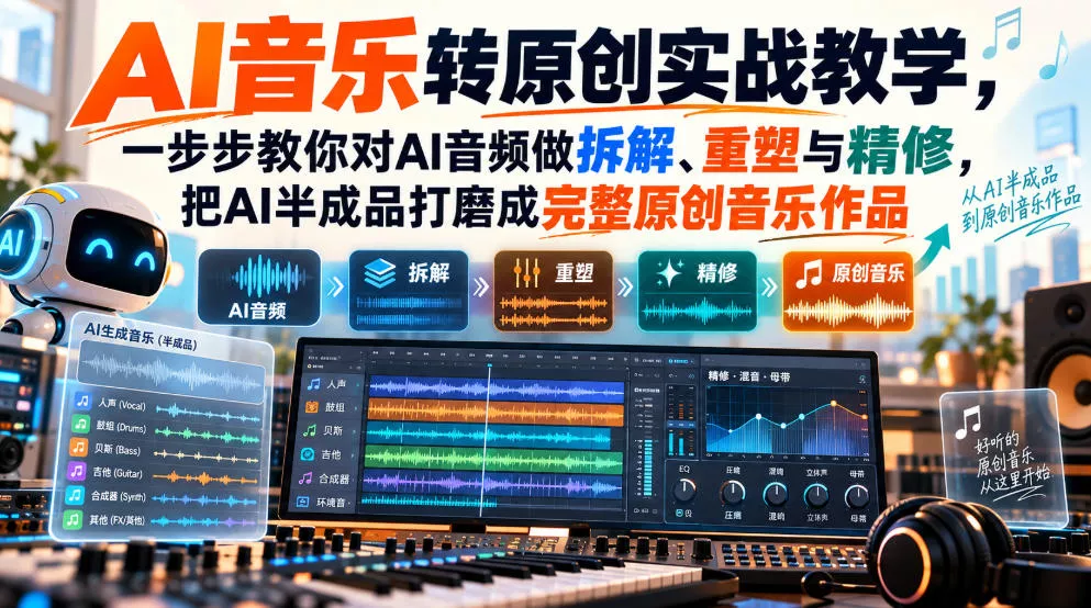 AI音乐转原创实战教学，一步步教你对AI音频做拆解、重塑与精修，把AI半成品打磨成完整原创音乐作品 - 来及网络