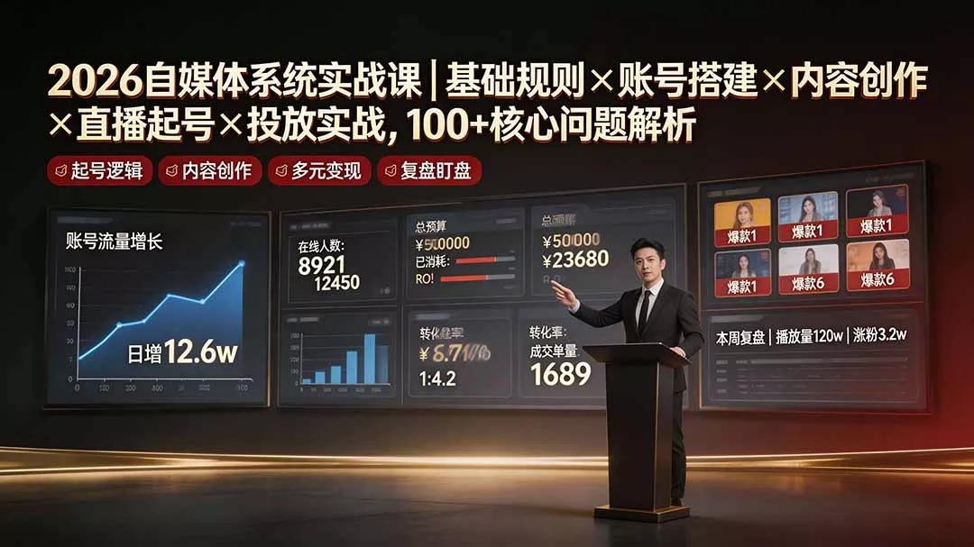2026自媒体系统实战课｜基础规则×账号搭建×内容创作×直播起号×投放实战，100+核心问题解析 - 来及网络