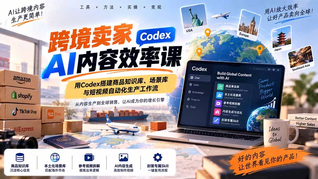 跨境卖家AI内容效率课：用Codex搭建商品知识库、场景库与短视频自动化生产工作流 - 来及网络