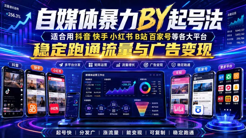 自媒体暴力搬运起号法，适合用抖音快手小红书B站百家号等各大平台，稳定跑通流量与广告变现 - 来及网络