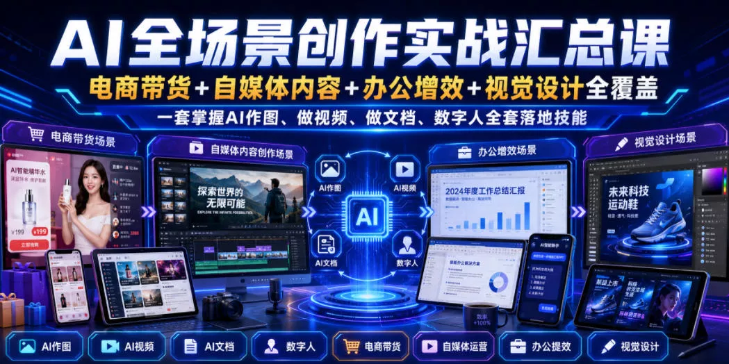 AI全场景创作实战汇总课｜电商带货+自媒体内容+办公增效+视觉设计全覆盖，一套掌握AI作图、做视频、做文档、数字人全套落地技能 - 来及网络