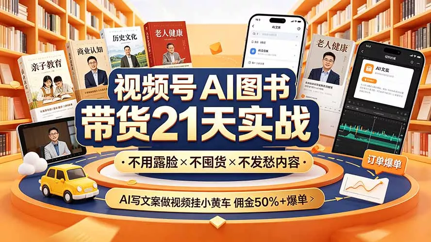 视频号AI图书带货21天实战：不用露脸×不囤货×不发愁内容，AI写文案做视频挂小黄车，佣金50%+爆单 - 来及网络