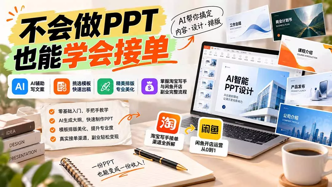不会做PPT也能学会接单：AI辅助写文案、挑模板、做排版，掌握淘宝写手与闲鱼开店副业完整流程 - 来及网络