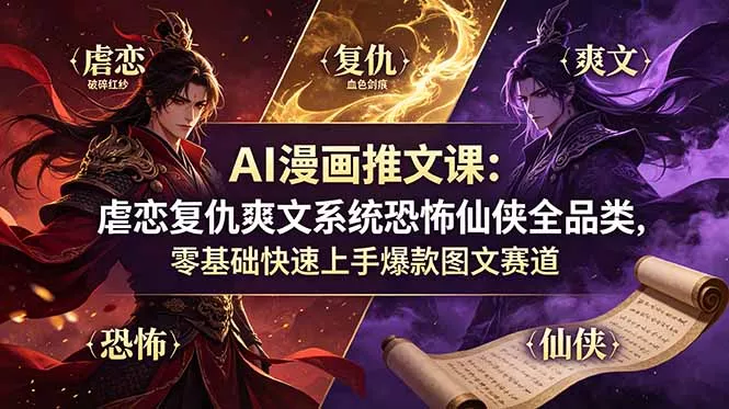AI漫画推文课：虐恋复仇爽文系统恐怖仙侠全品类，零基础快速上手爆款图文赛道 - 来及网络