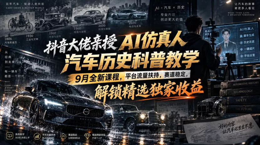 抖音大佬亲授AI仿真人汽车历史科普教学，9月全新课程，平台流量扶持，赛道稳定，解锁精选独家收益 - 来及网络