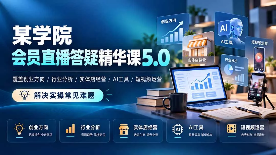 某学院会员直播答疑精华课5.0：覆盖创业方向、行业分析、实体店经营、AI工具和短视频运营，解决实操常见难题！