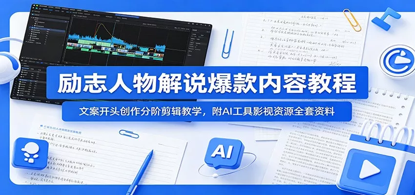 励志人物解说爆款内容教程：文案开头创作分阶剪辑教学，附AI 工具影视资源全套资料 - 来及网络