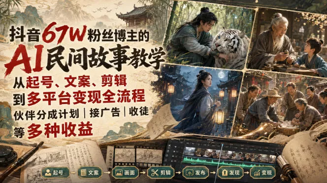 抖音67W粉丝博主的AI民间故事教学，从起号、文案、剪辑到多平台变现全流程，伙伴分成计划接广告等多种收益，月入1W+ - 来及网络