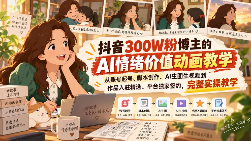 抖音300W粉博主的AI情绪价值动画教学，从账号起号、脚本创作、AI生图生视频到作品入驻精选、平台独家签约，完整实操 - 来及网络