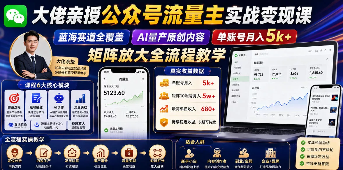 大佬亲授公众号流量主实战变现课，蓝海赛道全覆盖，AI量产原创内容，单账号月入5k+矩阵放大全流程教学 - 来及网络