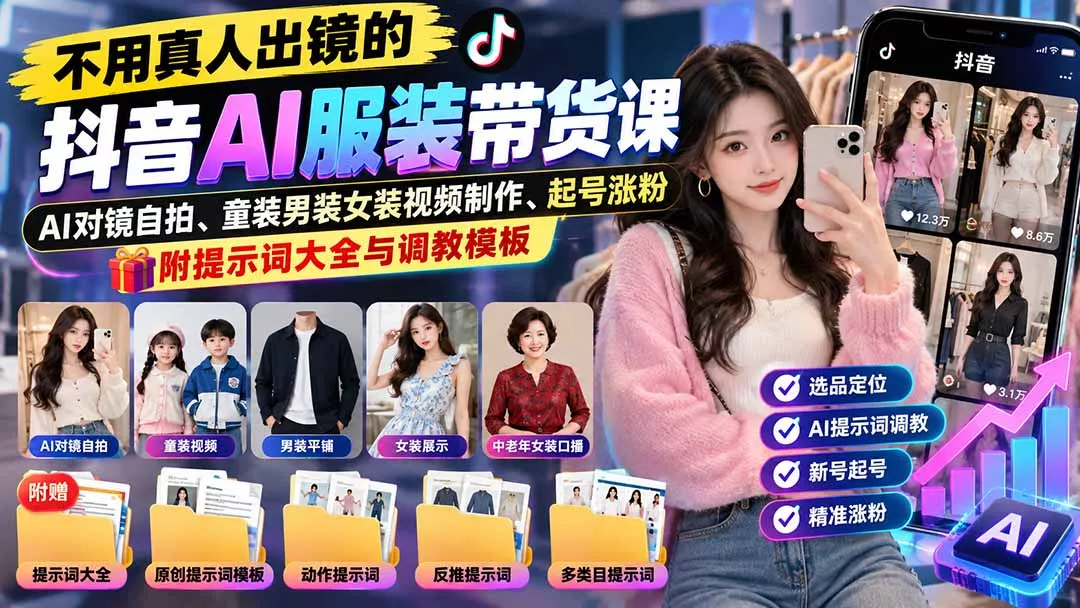 不用真人出镜的抖音AI服装带货课：AI对镜自拍、童装男装女装视频制作、起号涨粉，附提示词大全与调教模板 - 来及网络