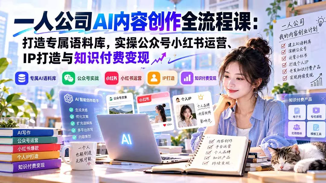 一人公司AI内容创作全流程课：打造专属语料库，实操公众号小红书运营、IP打造与知识付费变现方法论 - 来及网络