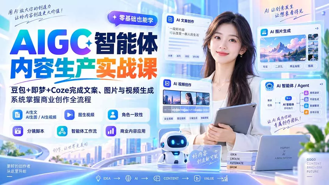 AIGC智能体内容生产实战课：豆包+即梦+Coze完成文案、图片与视频生成，系统掌握商业创作全流程 - 来及网络