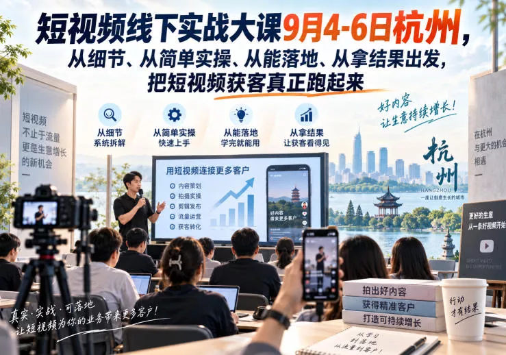 短视频线下实战大课9月4-6日杭州，从细节、从简单实操、从能落地、从拿结果出发，把短视频获客真正跑起来 - 来及网络