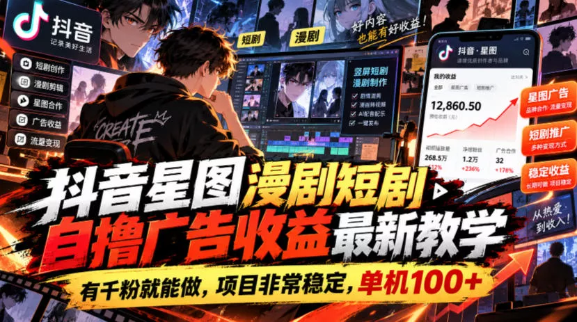 抖音星图漫剧短剧自撸广告收益最新教学，有千粉就能做，项目非常稳定，单机100+ - 来及网络