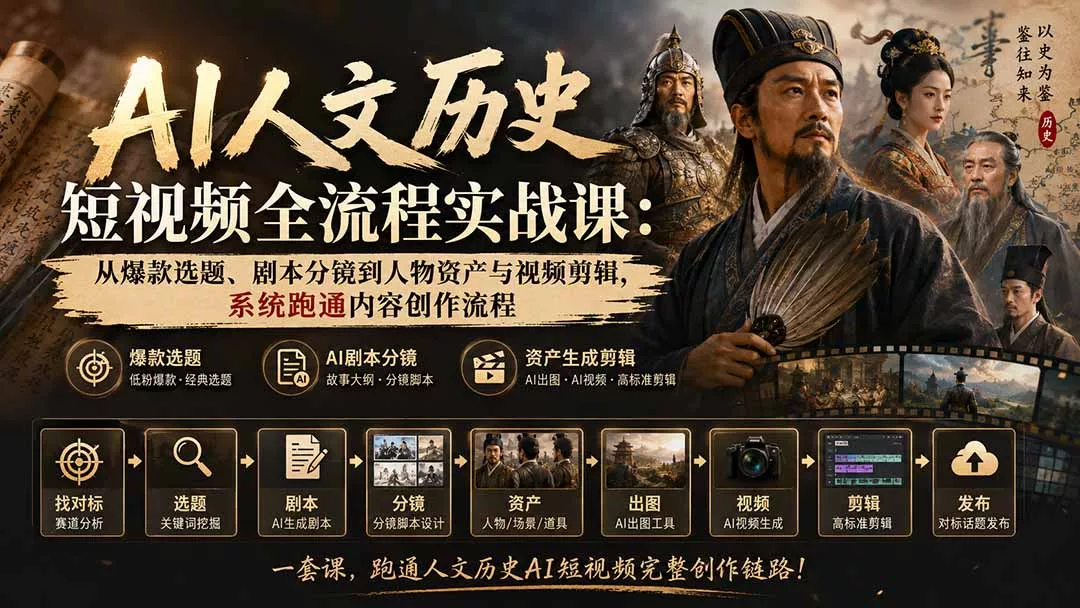 AI人文历史短视频全流程实战课：从爆款选题、剧本分镜到人物资产与视频剪辑，系统跑通内容创作流程 - 来及网络