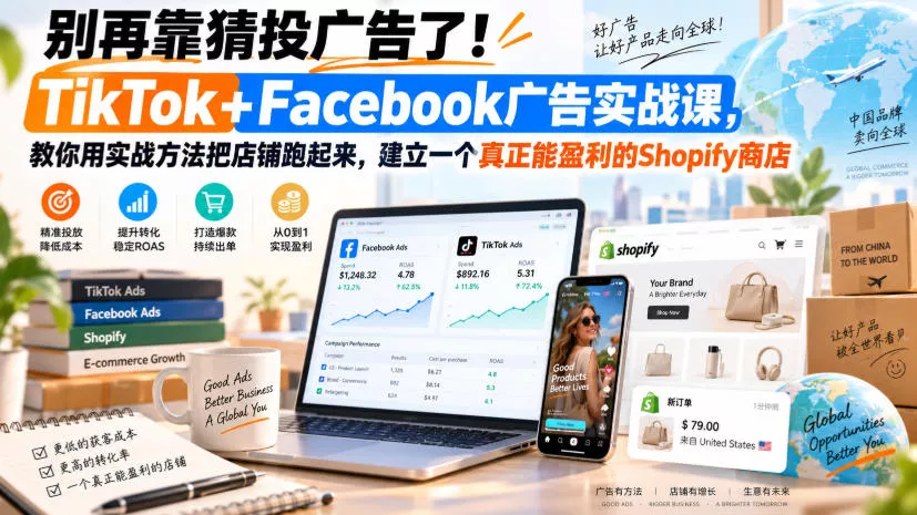 别再靠猜投广告了！TikTok+Facebook广告实战课，教你用实战方法把店铺跑起来，建立一个真正能盈利的Shopify商店【原创双语字幕】 - 来及网络