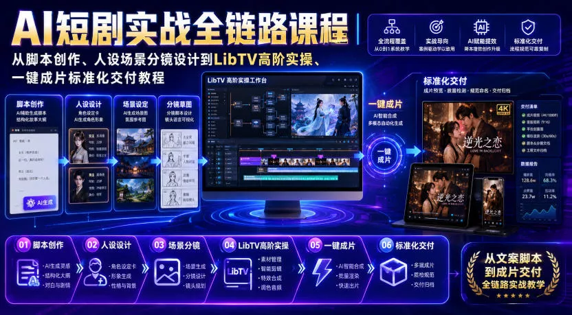 AI短剧实战全链路课程｜从脚本创作、人设场景分镜设计到LibTV高阶实操、一键成片标准化交付教程 - 来及网络