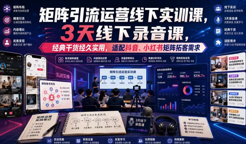 嗨推矩阵引流运营线下实训课，3天线下录音课，经典干货经久实用，适配抖音、小红书矩阵拓客需求 - 来及网络
