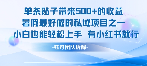单条贴子带来5张的收益，暑假最好做的私域项目之一，小白也能轻松上手，有小红书就行 - 来及网络