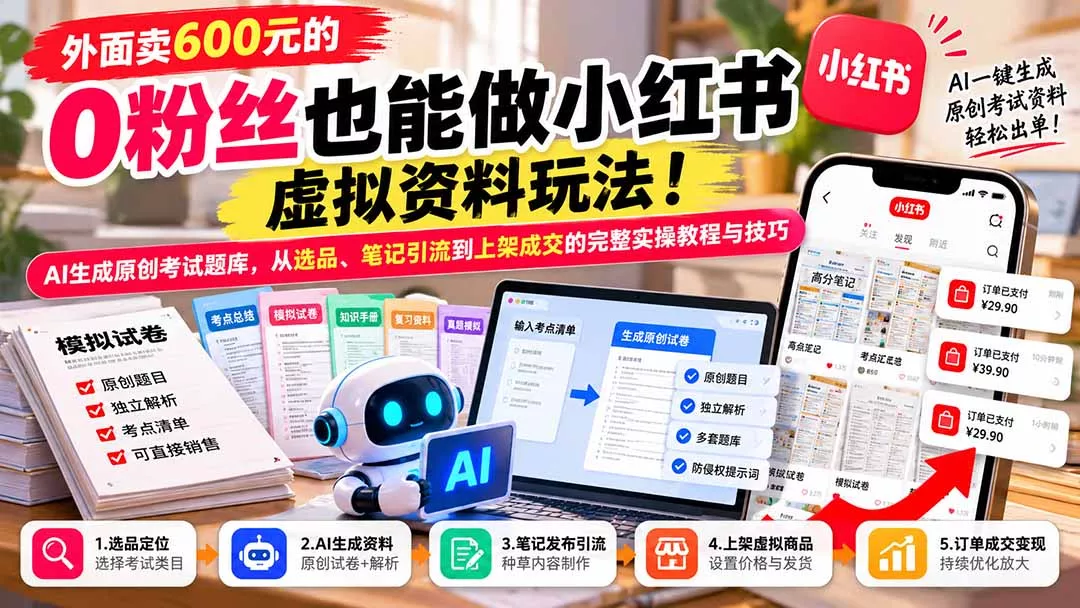 外面卖600元的 零粉丝也能做小红书虚拟资料玩法！AI生成原创考试题库，从选品、笔记引流到上架成交的完整实操教程 - 来及网络