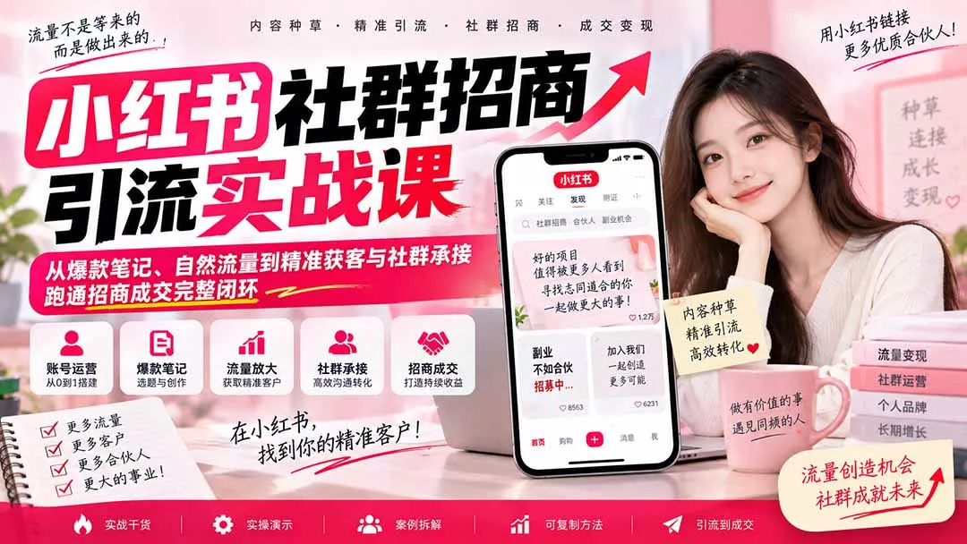 小红书社群招商引流实战课-无水印：从爆款笔记、自然流量到精准获客与社群承接，跑通招商成交完整闭环 - 来及网络