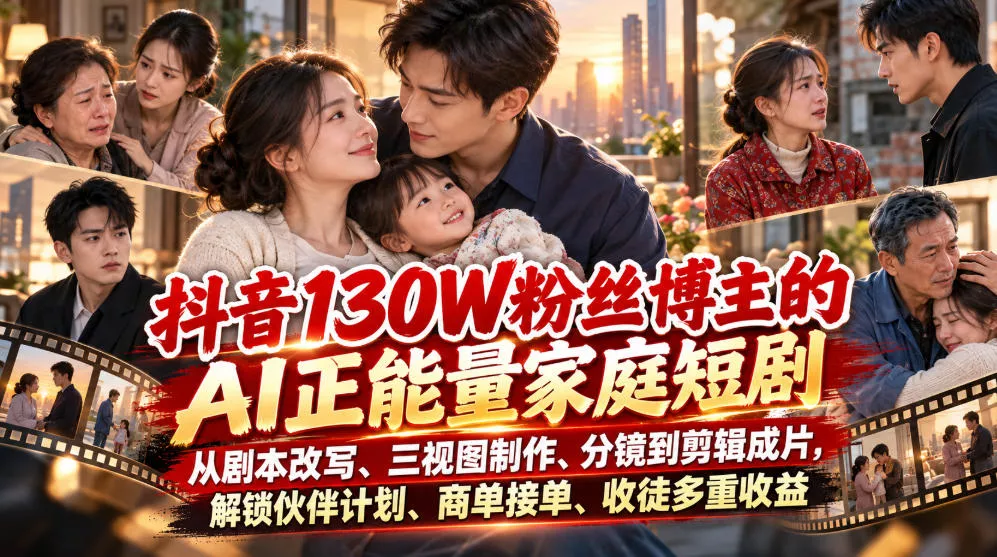 抖音130W粉丝博主的AI正能量家庭短剧，从剧本改写、三视图制作、分镜到剪辑成片，解锁伙伴计划、商单接单、收徒多重收益(更新1007) - 来及网络