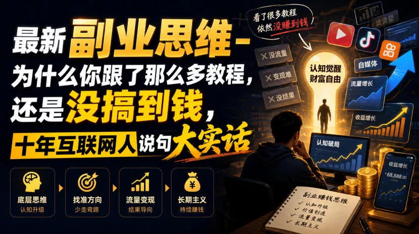 最新副业思维-为什么你跟了那么多教程，还是没搞到钱，十年互联网人说句大实话【揭秘】 - 来及网络