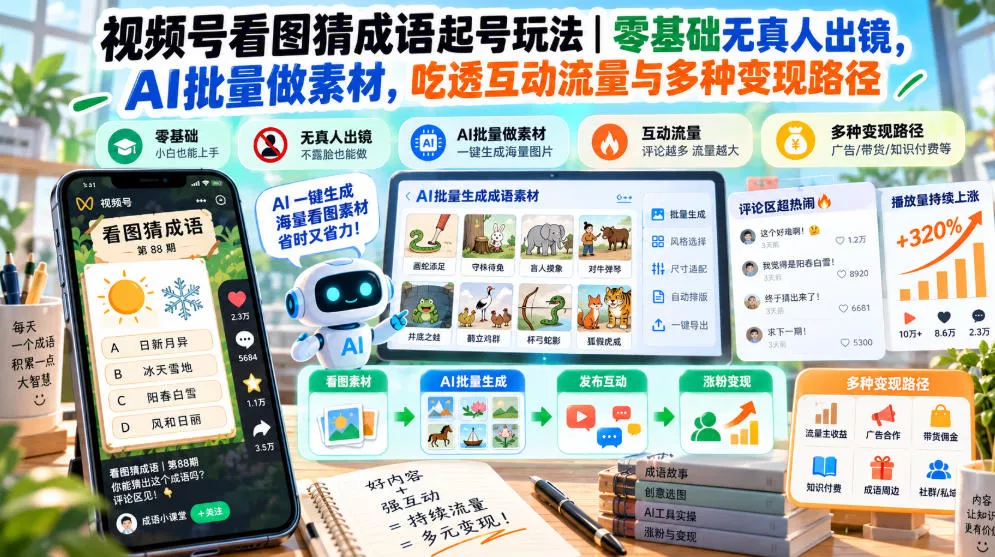 视频号看图猜成语起号玩法｜零基础无真人出镜，AI批量做素材，吃透互动流量与多种变现路径 - 来及网络