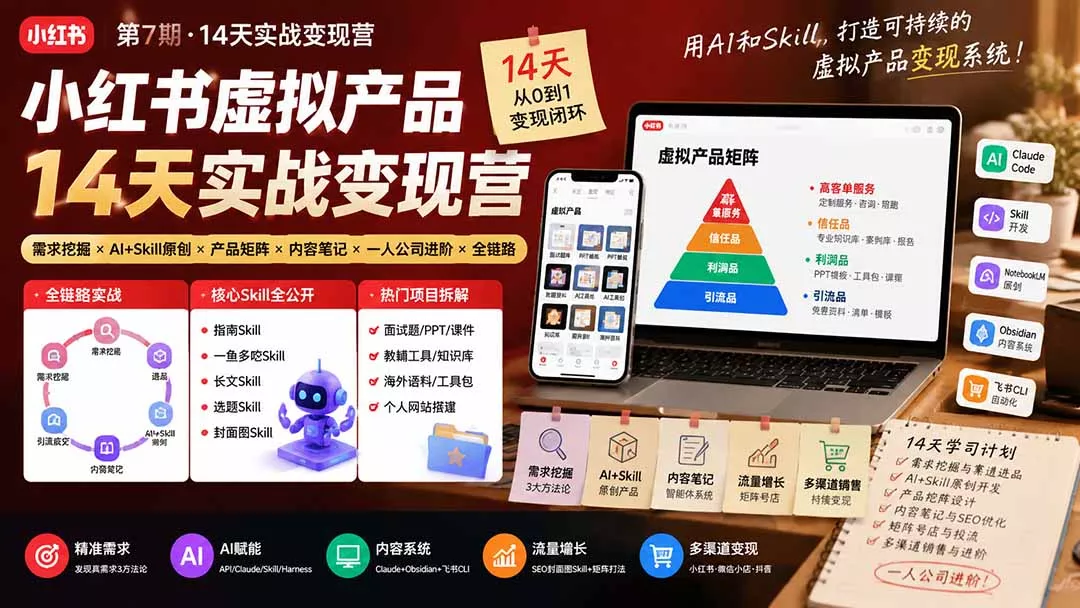小红书虚拟产品14天实战变现营-第7期：需求挖掘×AI+Skill原创×产品矩阵×内容笔记×一人公司进阶×全链路 - 来及网络