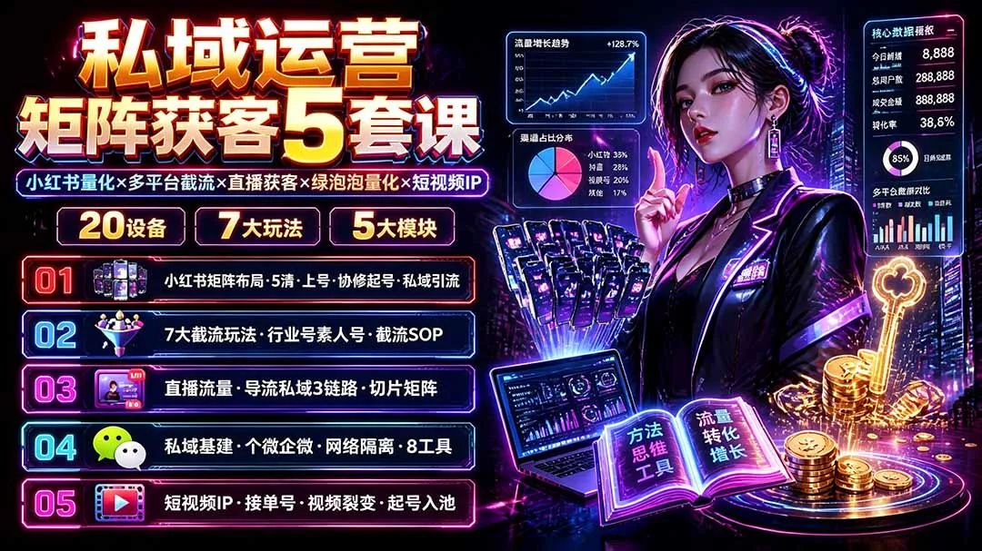 私域运营矩阵获客5套课：小红书量化×多平台截流×直播获客×绿泡泡量化×短视频IP×20设备×7大玩法 - 来及网络