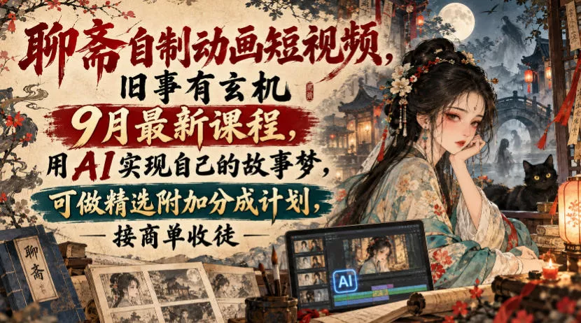 聊斋自制动画短视频，旧事有玄机9月最新课程，用AI实现自己的故事梦，可做精选附加分成计划，接商单收徒 - 来及网络