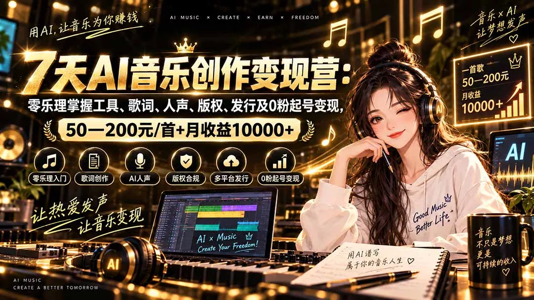 AI音乐创作变现营：零乐理掌握工具、歌词、人声、版权、发行及0粉起号变现，50—200元/首+月收益10000+ - 来及网络